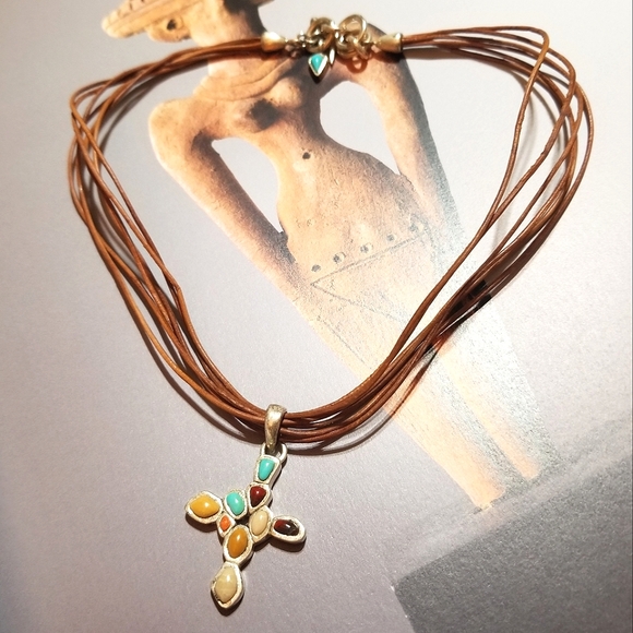 BARSE Retired Multi Gem Cross Necklace Sterling and Leather - Picture 5 of 7